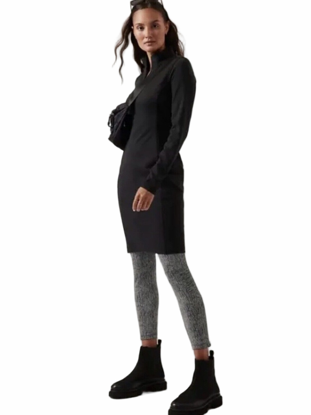 ATHLETA Delancey Dress BLACK Long-Sleeve Quick Dry UPF Mock Neck Size 1X Resort